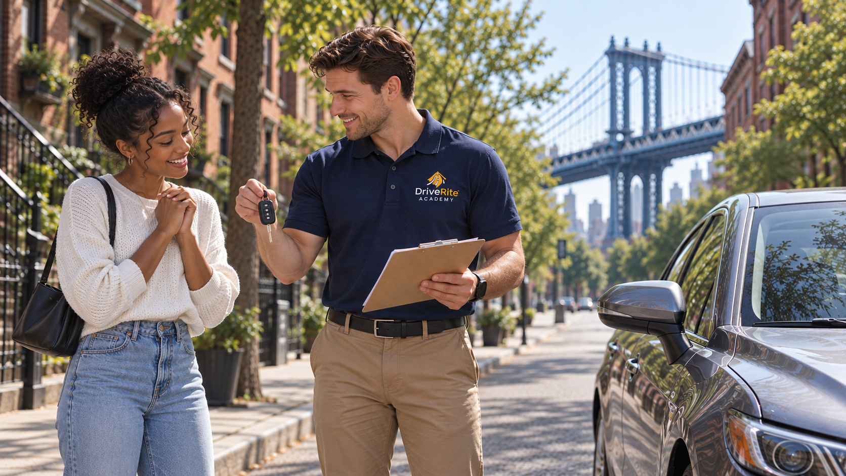 Instructor and student reviewing mirrors before a lesson in Peekskill.