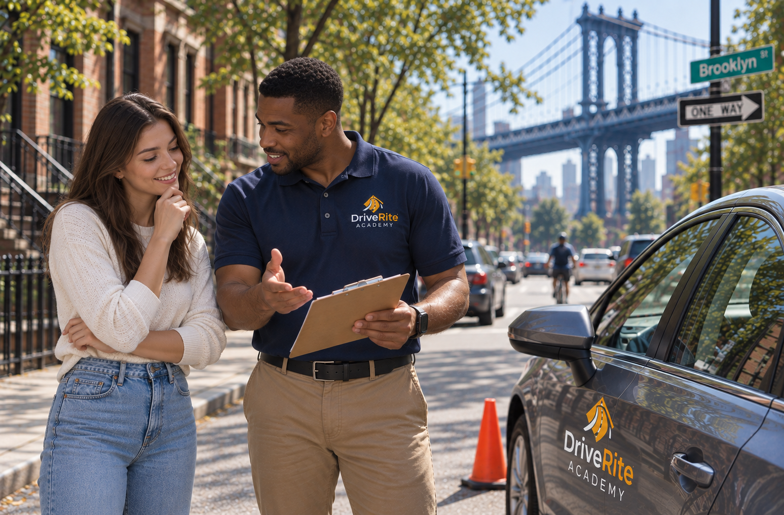 A driving lesson along a Seaford street with an Academy instructor beside the student