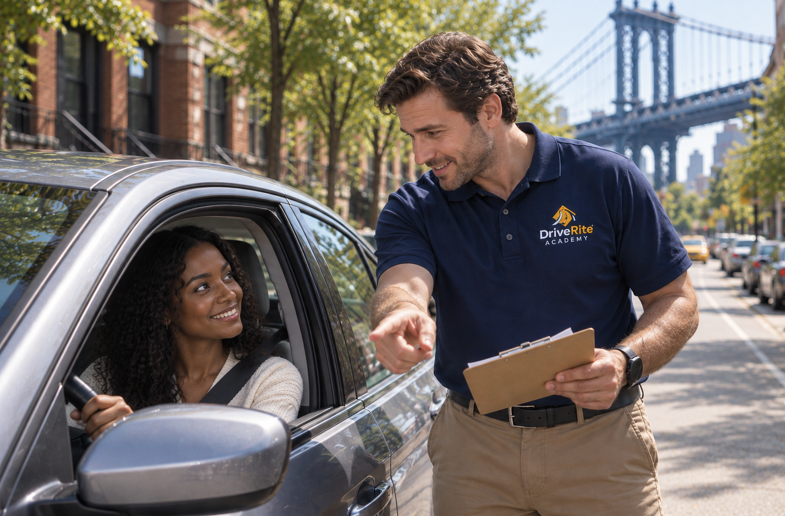 A Drive Rite Academy instructor coaching a student driver on a Gowanus street