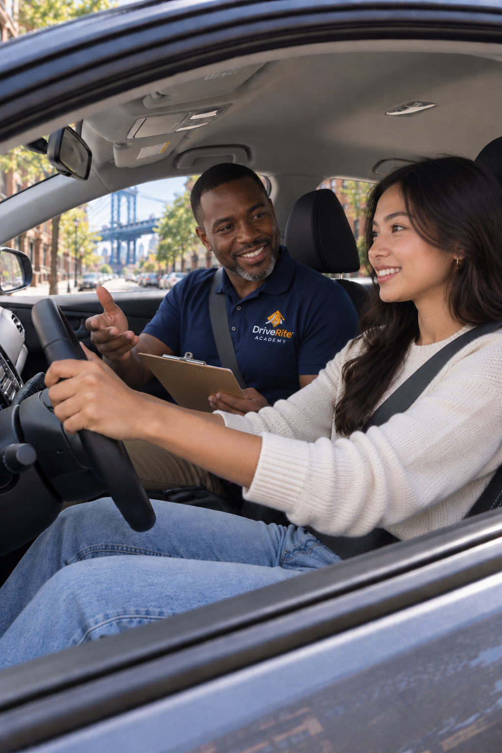 Driving instructor coaching a student driver on a Merrick street