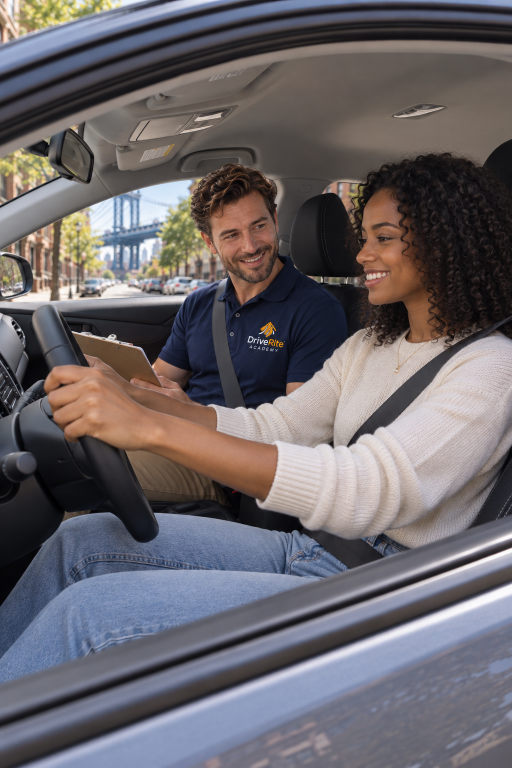 A driving instructor guiding a student driver through a lesson in New City