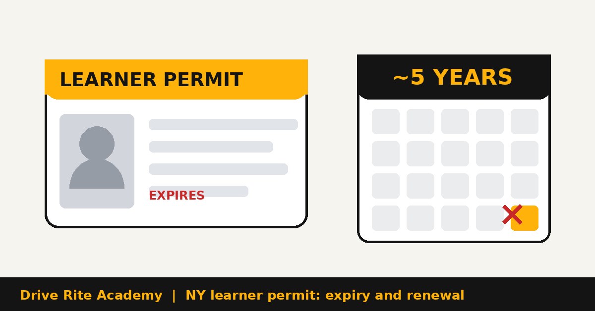 Graphic of a New York learner permit card marked with an expiration notice next to a calendar labeled about 5 years.
