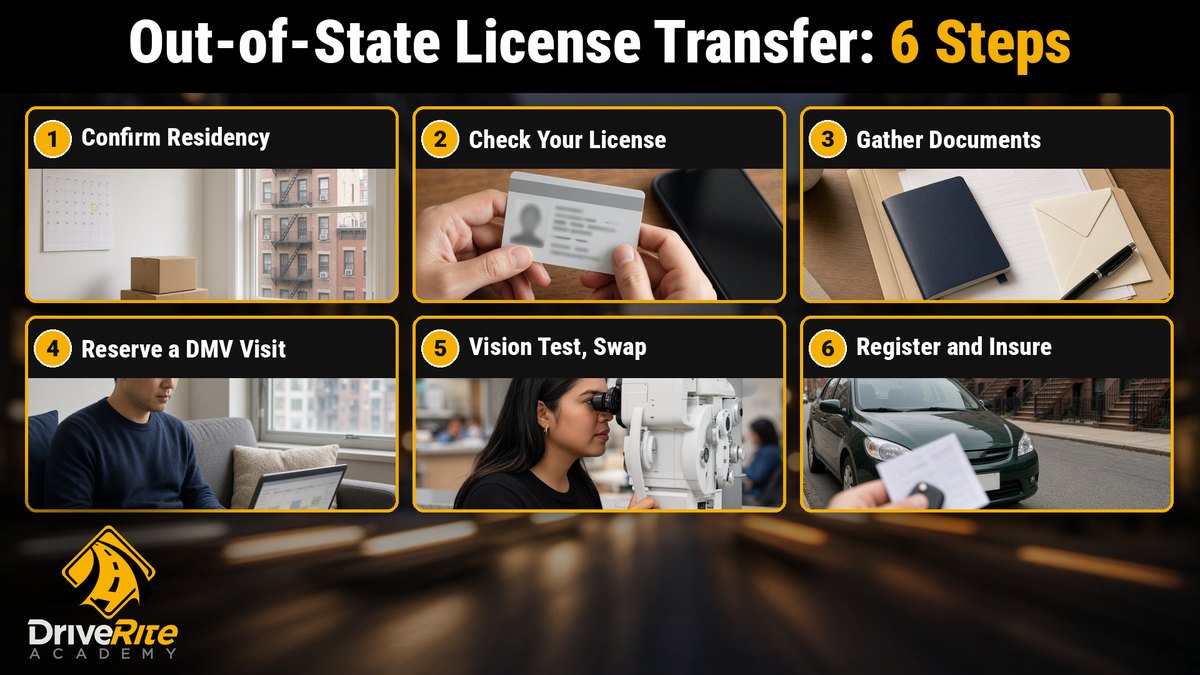 Six steps to transfer an out-of-state driver license in New York City: confirm residency; check your license; gather documents; reserve a DMV visit; take the vision test and surrender your old license; register and insure your car.